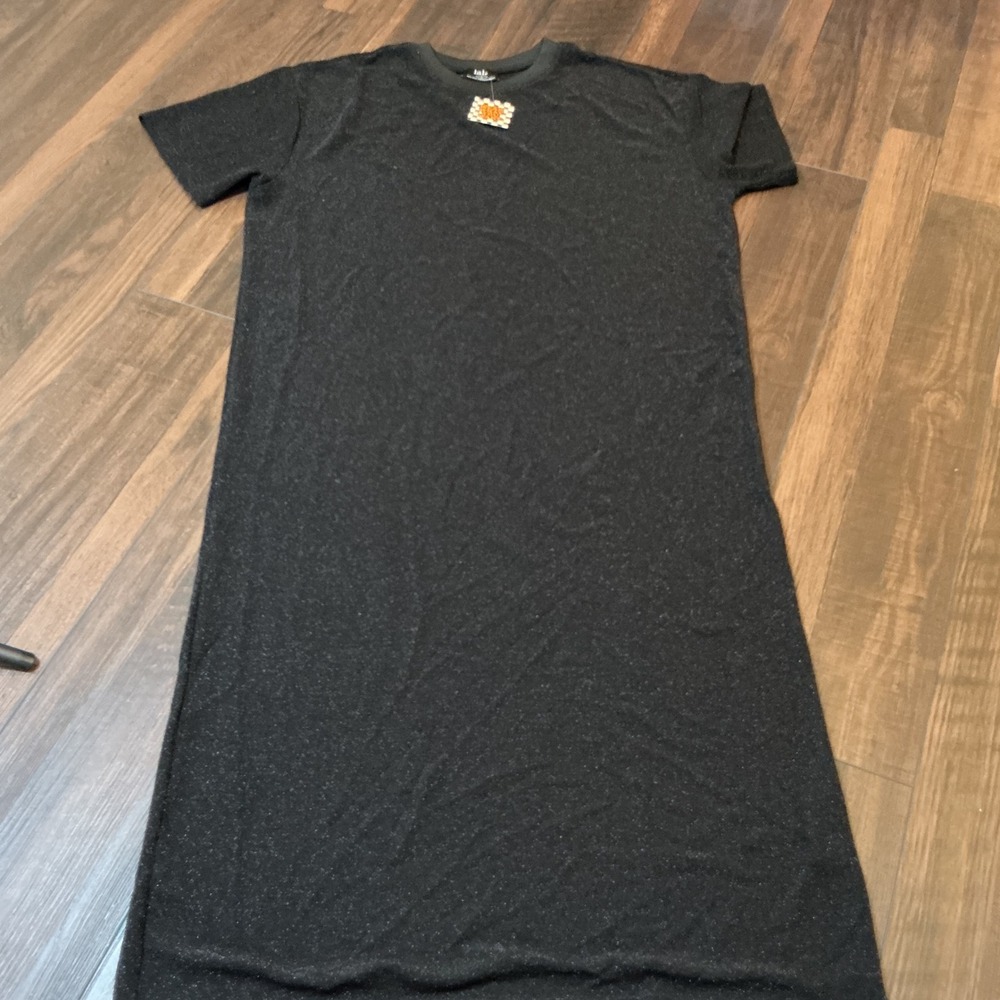 LALA Original Shimmer Metallic T-Shirt Maxi Dress Black Sparkle Small NEW